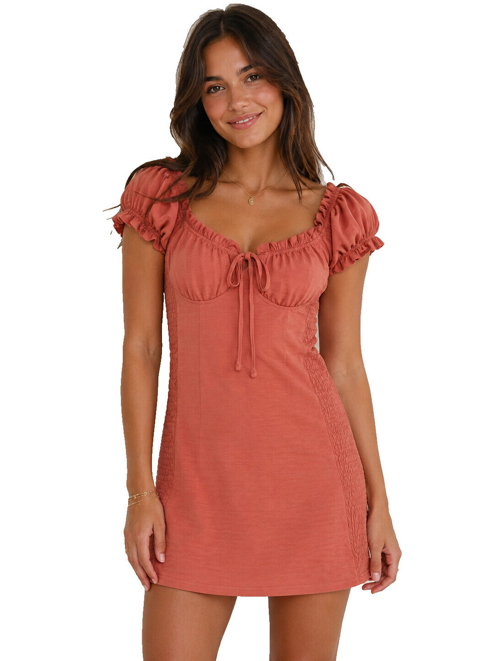 Love Tree Terracotta Smocked Mini Dress Puff Sleeve Off Shoulder NWT